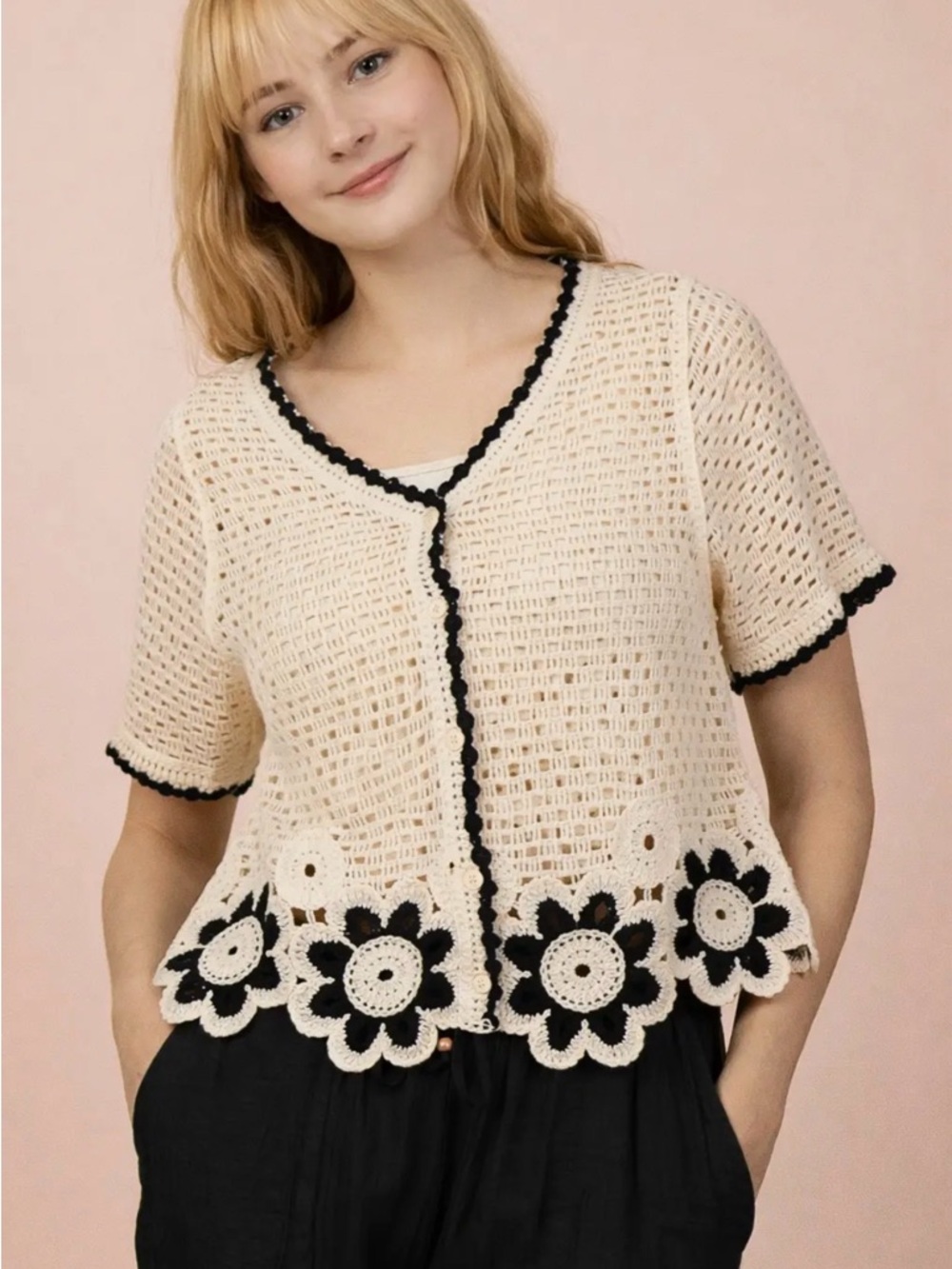 Cream black floral crochet flutter sleeve patchwork Sweater blouse top cardigan